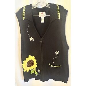Quaker Factory Sweater Vest 1X Button Up Sunflower Bee Embroidered Grandmacore